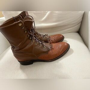 Vintage 90s Justin Leather Ostrich Lace Up Western Boots Size 7.5